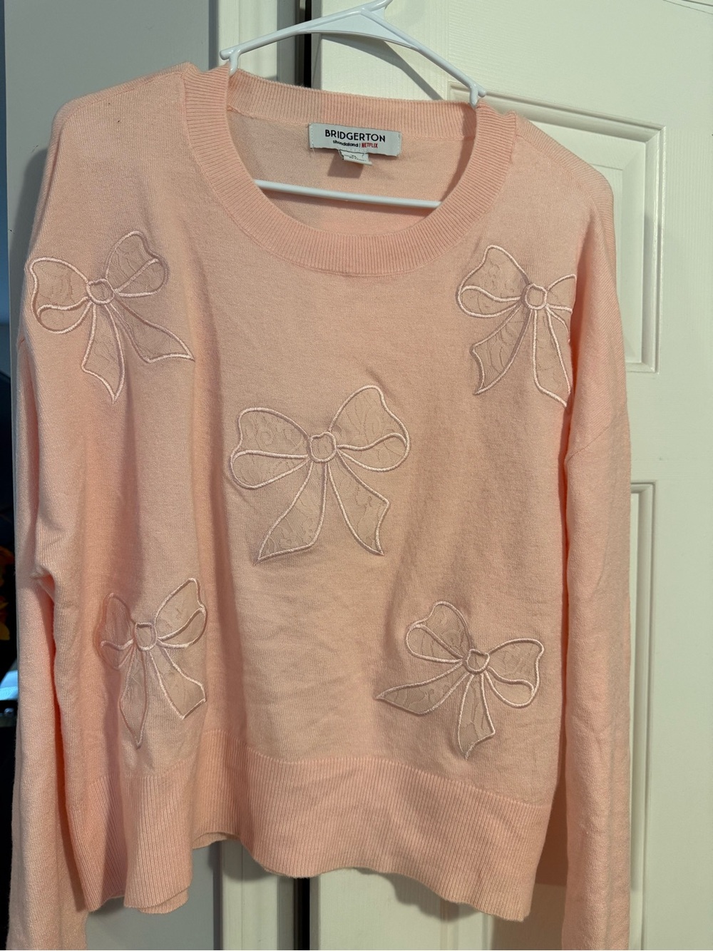 Bridgerton Light Pink Bow-Appliqué Crewneck Sweater
